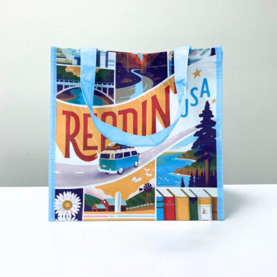 RPET reusable light blue shopping bag with scenic print - K003